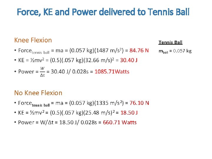 Force, KE and Power delivered to Tennis Ball • Tennis Ball mball = 0.