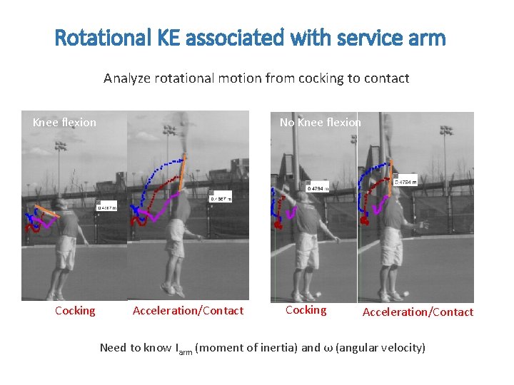 Rotational KE associated with service arm Analyze rotational motion from cocking to contact Knee