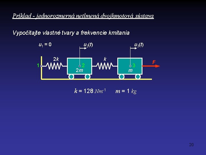Príklad - jednorozmerná netlmená dvojhmotová sústava Vypočítajte vlastné tvary a frekvencie kmitania u 1