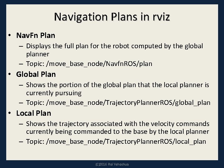 Navigation Plans in rviz • Nav. Fn Plan – Displays the full plan for