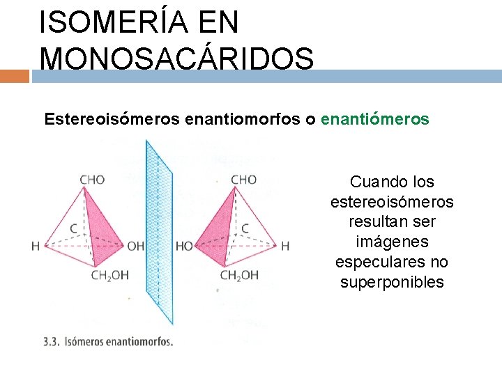 ISOMERÍA EN MONOSACÁRIDOS Estereoisómeros enantiomorfos o enantiómeros Cuando los estereoisómeros resultan ser imágenes especulares