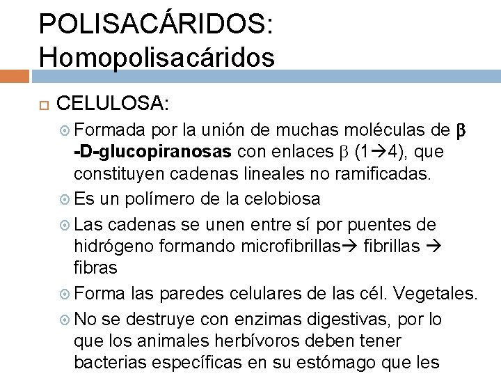 POLISACÁRIDOS: Homopolisacáridos CELULOSA: Formada por la unión de muchas moléculas de -D-glucopiranosas con enlaces