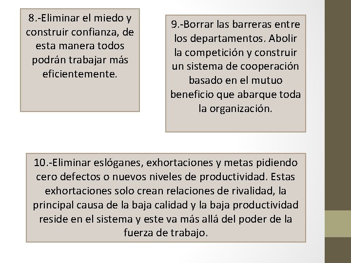 8. -Eliminar el miedo y construir confianza, de esta manera todos podrán trabajar más