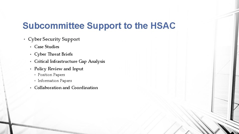 Subcommittee Support to the HSAC • Cyber Security Support • Case Studies • Cyber