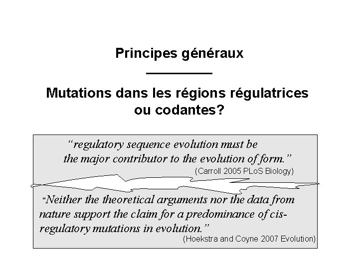 Principes généraux Mutations dans les régions régulatrices ou codantes? “regulatory sequence evolution must be