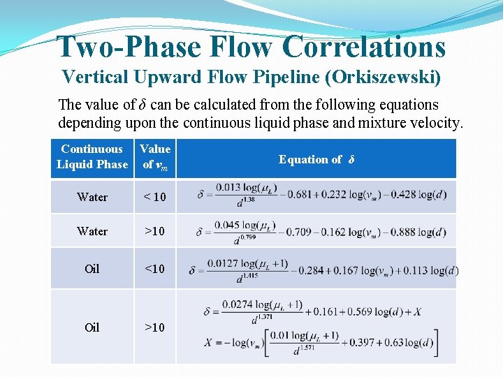 Two-Phase Flow Correlations Vertical Upward Flow Pipeline (Orkiszewski) The value of δ can be