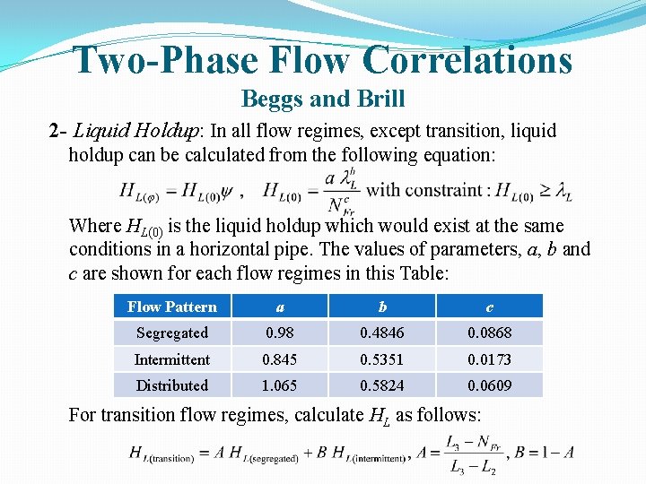 Two-Phase Flow Correlations Beggs and Brill 2 - Liquid Holdup: In all flow regimes,