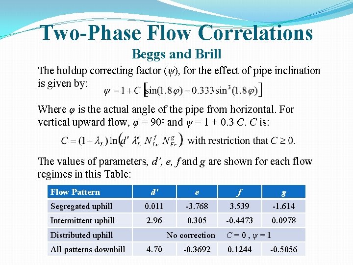 Two-Phase Flow Correlations Beggs and Brill The holdup correcting factor (ψ), for the effect