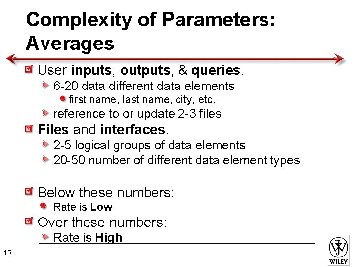 Complexity of Parameters: Averages User inputs, outputs, & queries. 6 -20 data different data