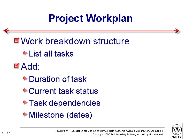 Project Workplan Work breakdown structure List all tasks Add: Duration of task Current task