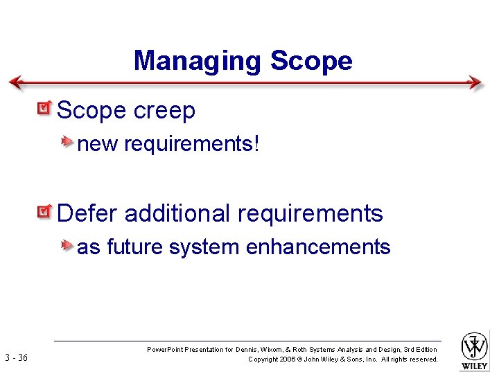 Managing Scope creep new requirements! Defer additional requirements as future system enhancements 3 -