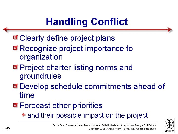 Handling Conflict Clearly define project plans Recognize project importance to organization Project charter listing