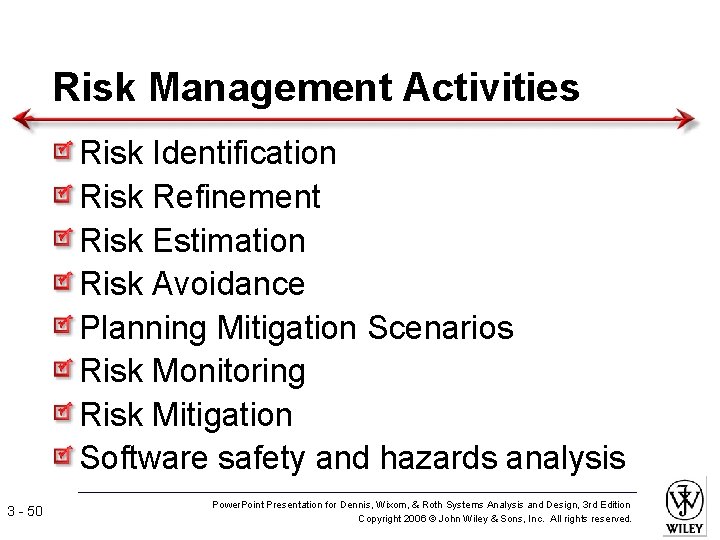 Risk Management Activities Risk Identification Risk Refinement Risk Estimation Risk Avoidance Planning Mitigation Scenarios