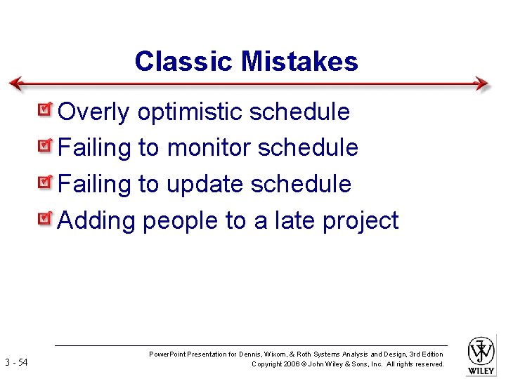 Classic Mistakes Overly optimistic schedule Failing to monitor schedule Failing to update schedule Adding