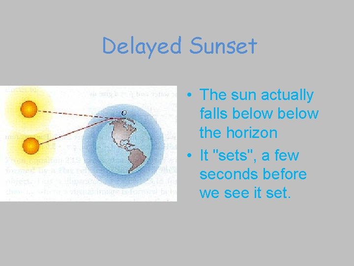 Delayed Sunset • The sun actually falls below the horizon • It "sets", a