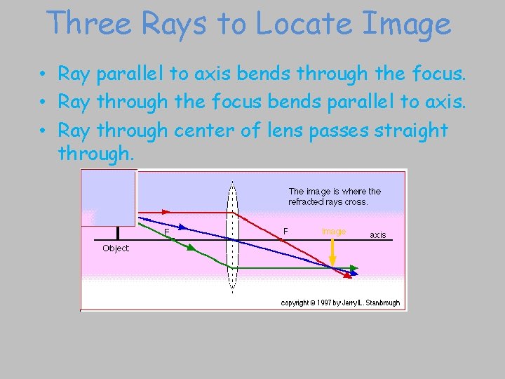 Three Rays to Locate Image • Ray parallel to axis bends through the focus.