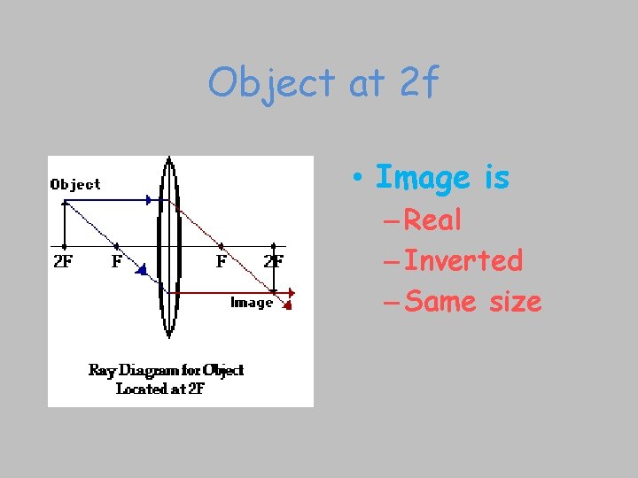 Object at 2 f • Image is – Real – Inverted – Same size