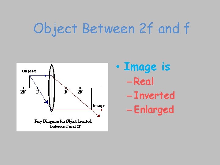 Object Between 2 f and f • Image is – Real – Inverted –