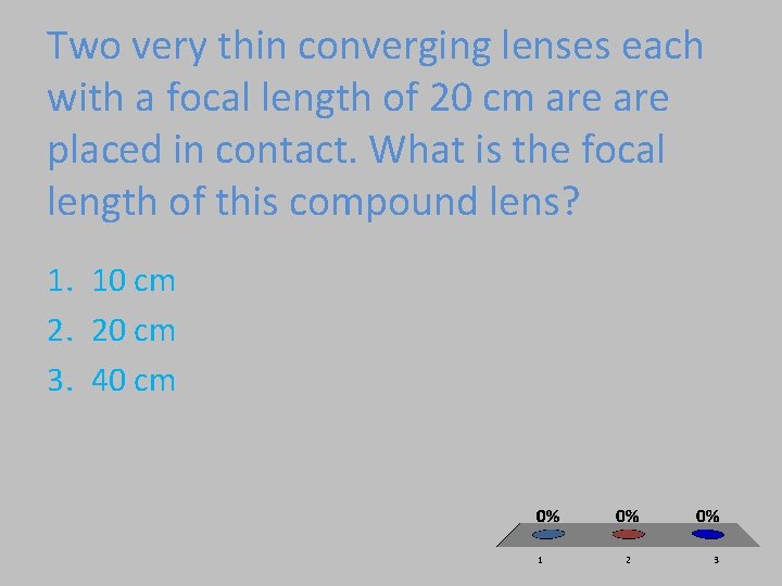 Two very thin converging lenses each with a focal length of 20 cm are