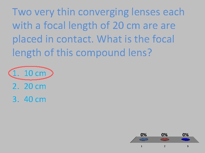 Two very thin converging lenses each with a focal length of 20 cm are