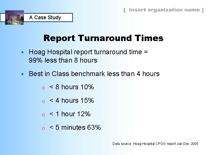 A Case Study Report Turnaround Times § Hoag Hospital report turnaround time = 99%