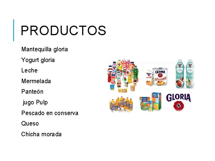 PRODUCTOS Mantequilla gloria Yogurt gloria Leche Mermelada Panteón jugo Pulp Pescado en conserva Queso