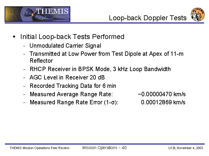 Loop-back Doppler Tests Initial Loop-back Tests Performed − − − − Unmodulated Carrier Signal