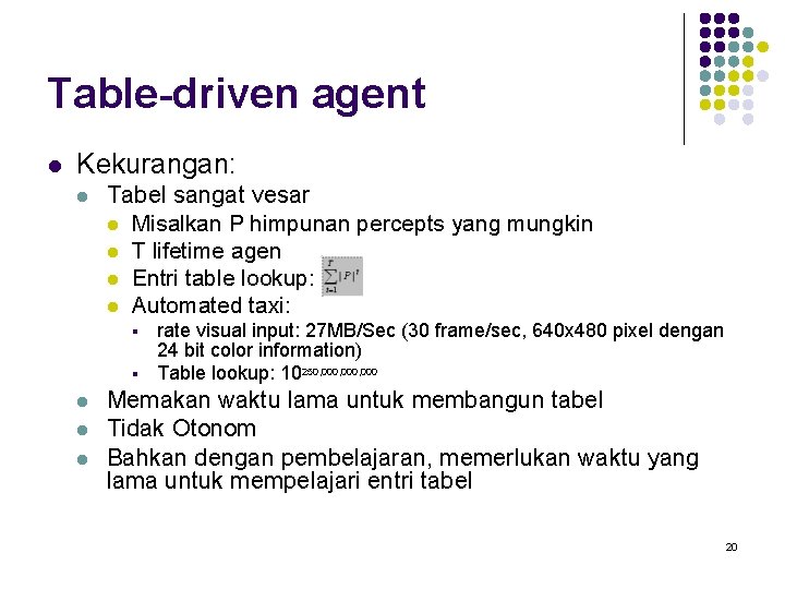 Table-driven agent l Kekurangan: l Tabel sangat vesar l Misalkan P himpunan percepts yang