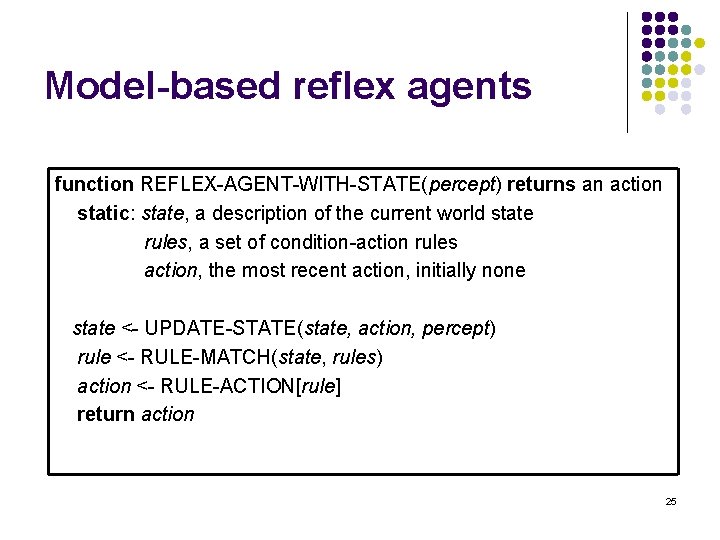 Model-based reflex agents function REFLEX-AGENT-WITH-STATE(percept) returns an action static: state, a description of the