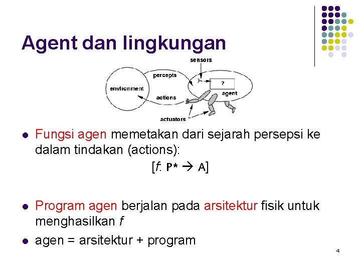 Agent dan lingkungan l Fungsi agen memetakan dari sejarah persepsi ke dalam tindakan (actions):