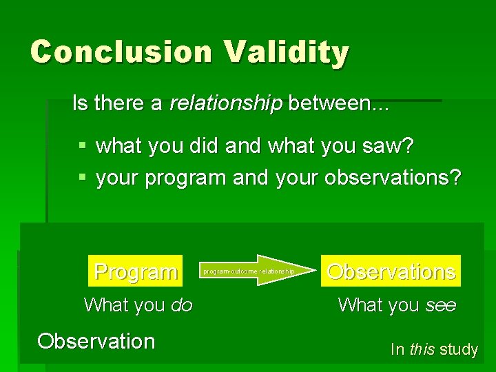 Conclusion Validity Is there a relationship between. . . § what you did and