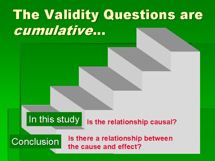 The Validity Questions are cumulative. . . In this study Conclusion Is the relationship