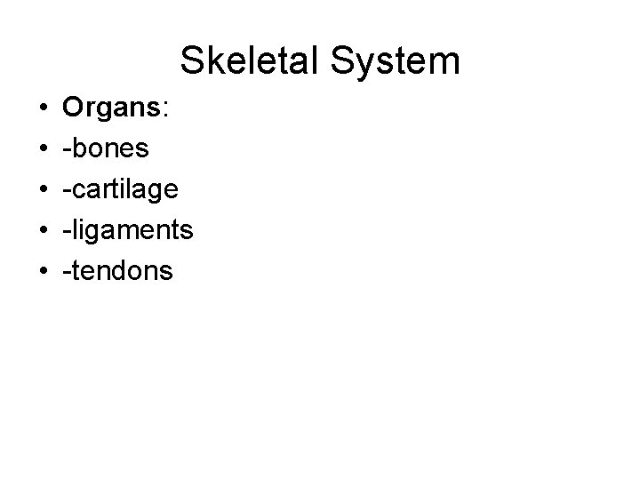 Skeletal System • • • Organs: -bones -cartilage -ligaments -tendons 