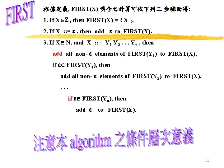 根據定義, FIRST(X) 集合之計算可依下列三 步驟而得: 1. If X , then FIRST(X) = { X }.