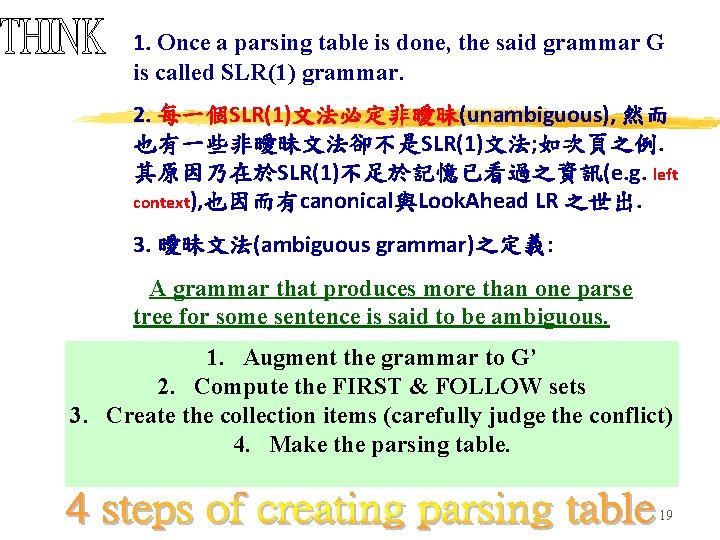 1. Once a parsing table is done, the said grammar G is called SLR(1)