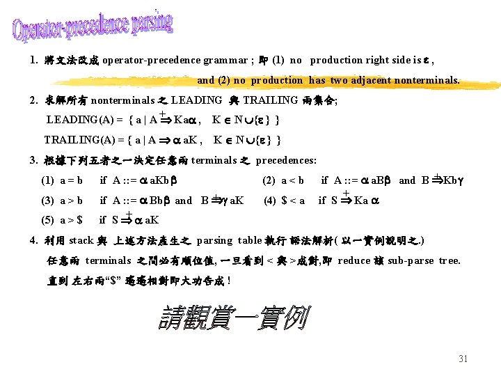 1. 將文法改成 operator-precedence grammar ; 即 (1) no production right side is , and