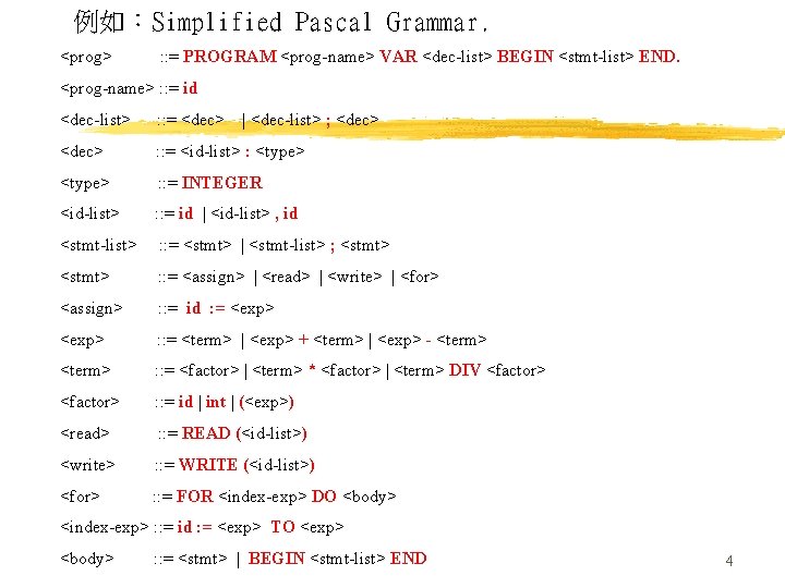 例如：Simplified Pascal Grammar. <prog> : : = PROGRAM <prog-name> VAR <dec-list> BEGIN <stmt-list> END.