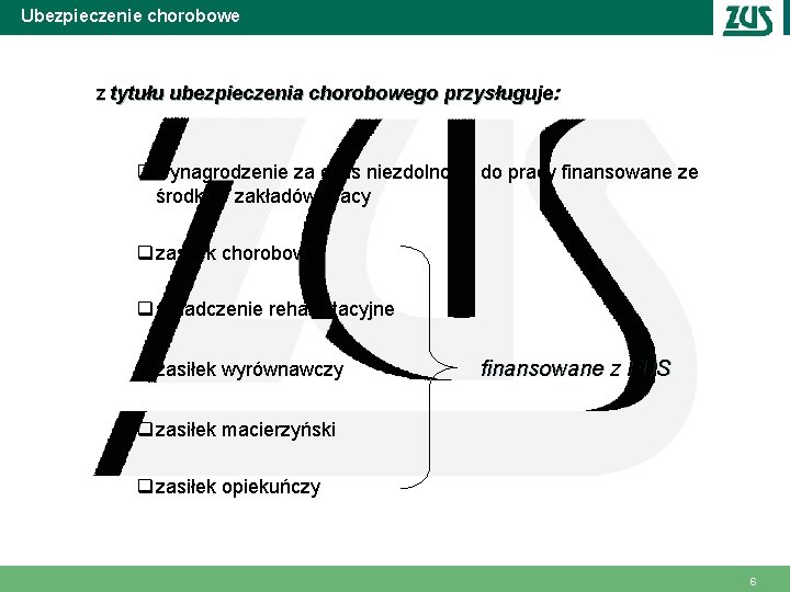 Ubezpieczenie chorobowe Z tytułu ubezpieczenia chorobowego przysługuje: q wynagrodzenie za czas niezdolności do pracy