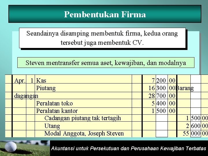 Pembentukan Firma Seandainya disamping membentuk firma, kedua orang tersebut juga membentuk CV. Steven mentransfer