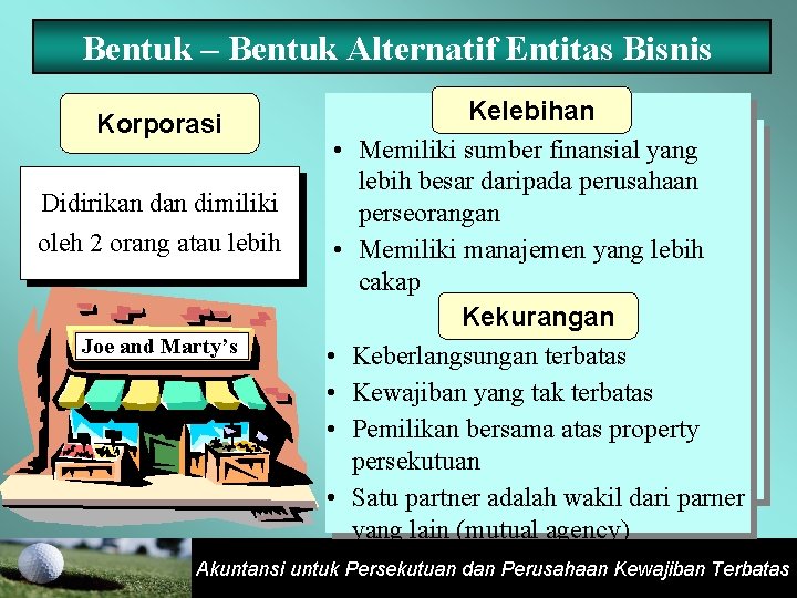 Bentuk – Bentuk Alternatif Entitas Bisnis Korporasi • Didirikan dimiliki oleh 2 orang atau