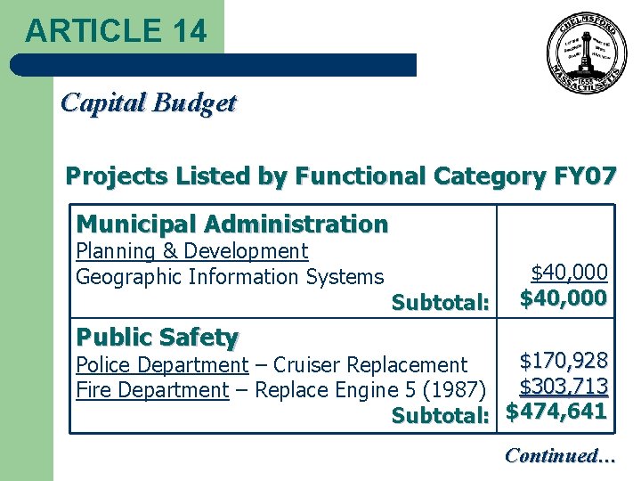 ARTICLE 14 Capital Budget Projects Listed by Functional Category FY 07 Municipal Administration Planning