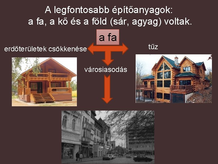 A legfontosabb építőanyagok: a fa, a kő és a föld (sár, agyag) voltak. a