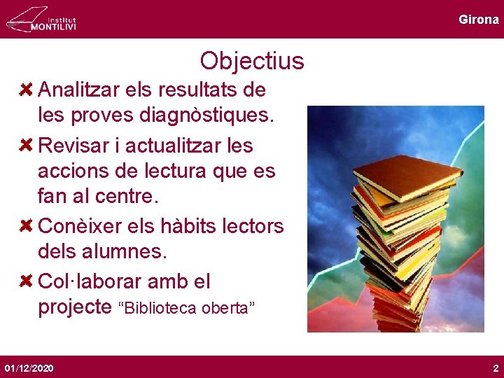 Girona Objectius Analitzar els resultats de les proves diagnòstiques. Revisar i actualitzar les accions