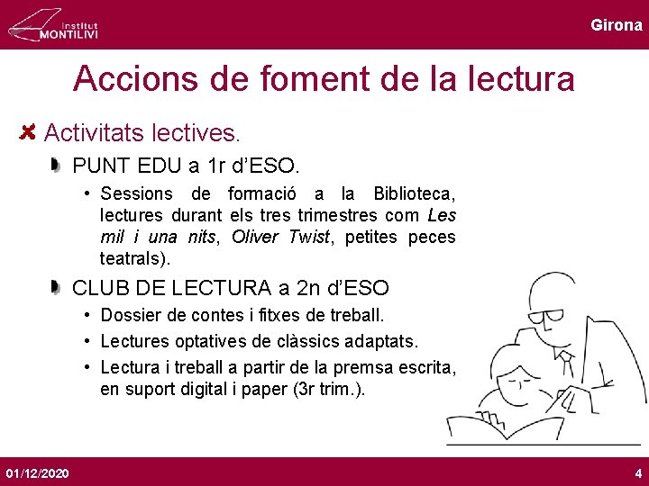 Girona Accions de foment de la lectura Activitats lectives. PUNT EDU a 1 r