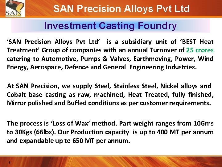 SAN Precision Alloys Pvt Ltd Investment Casting Foundry ‘SAN Precision Alloys Pvt Ltd’ is