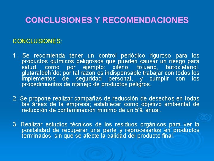 CONCLUSIONES Y RECOMENDACIONES CONCLUSIONES: 1. Se recomienda tener un control periódico riguroso para los