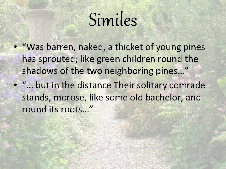 Similes • “Was barren, naked, a thicket of young pines has sprouted; like green