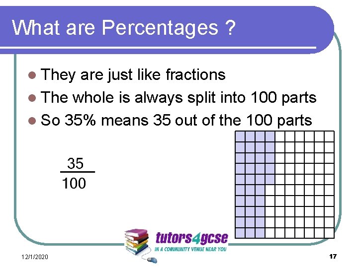 What are Percentages ? l They are just like fractions l The whole is