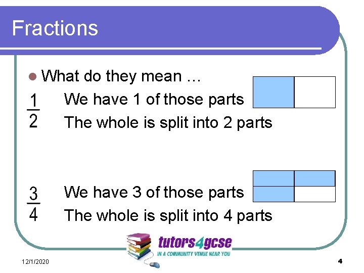 Fractions l What do they mean … We have 1 of those parts The