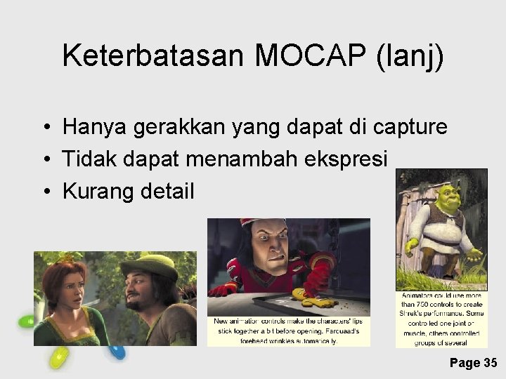 Keterbatasan MOCAP (lanj) • Hanya gerakkan yang dapat di capture • Tidak dapat menambah